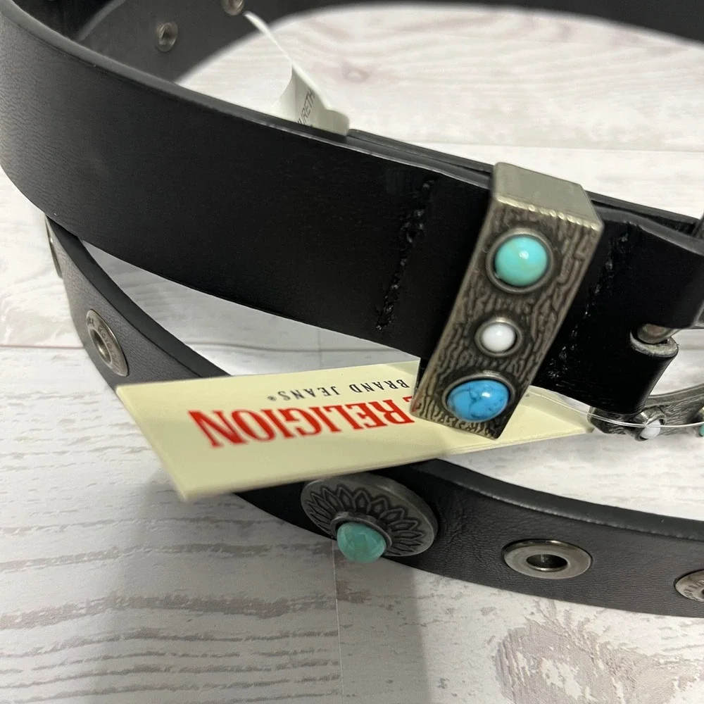 TRUE RELIGION Womens Stone Embellished Southwestern Faux Leather Black Belt M/L